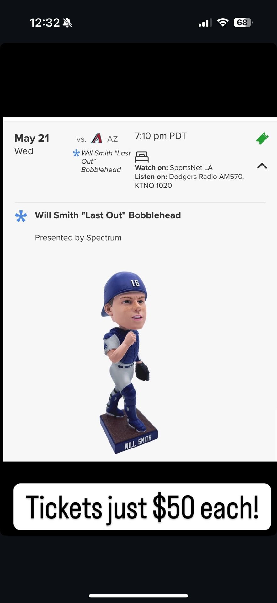 Dodgers Vs Arizona Tickets May 21 Will Smith Bobblehead