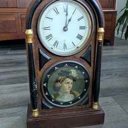 1880 Seth Thomas antique wood mantle clock with original hand painted beautiful picture of Victorian Era Young Lady. 150 year old collectible 
