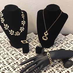 Jewelry Lot in Gold Tone.  1 Necklace, 1 Pair of Earrings, 1 Chain Bracelet, 1 Gold/Black Pin & 1 Romantic Vintage Branch + Leaves Hair Band/headband