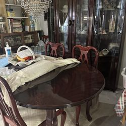 Italian Walnut Dining Table With China Cabinet 