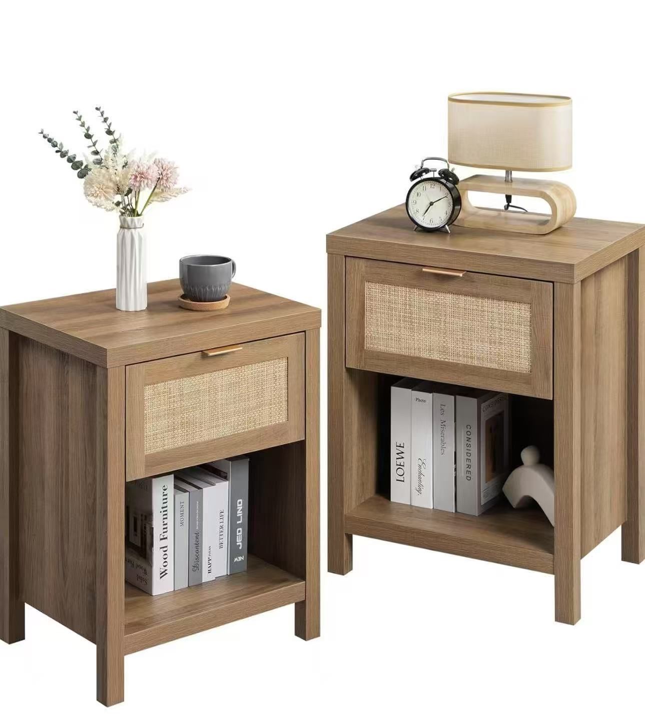 NIEWA10002-2 new in box Rattan Nightstand - Farmhouse Night Stand with Drawer and Storage Shelf - Boho Accent Table Bedside Table End Table Side Tabl