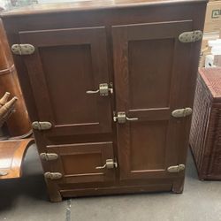 Antique Oak Wood Refrigerator Ice Box Chest Cabinet Vintage