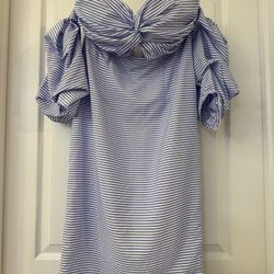 tea & cup Blue White Striped Off The SHoulder Dress Large runs small