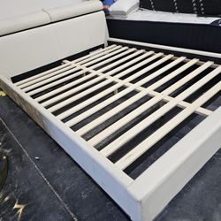 Cream Leather Platform Frame Queen