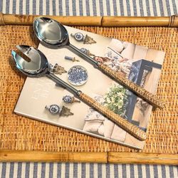 14” L Woven Rattan-Handled/Stainless Steel Salad Servers - Set of 2