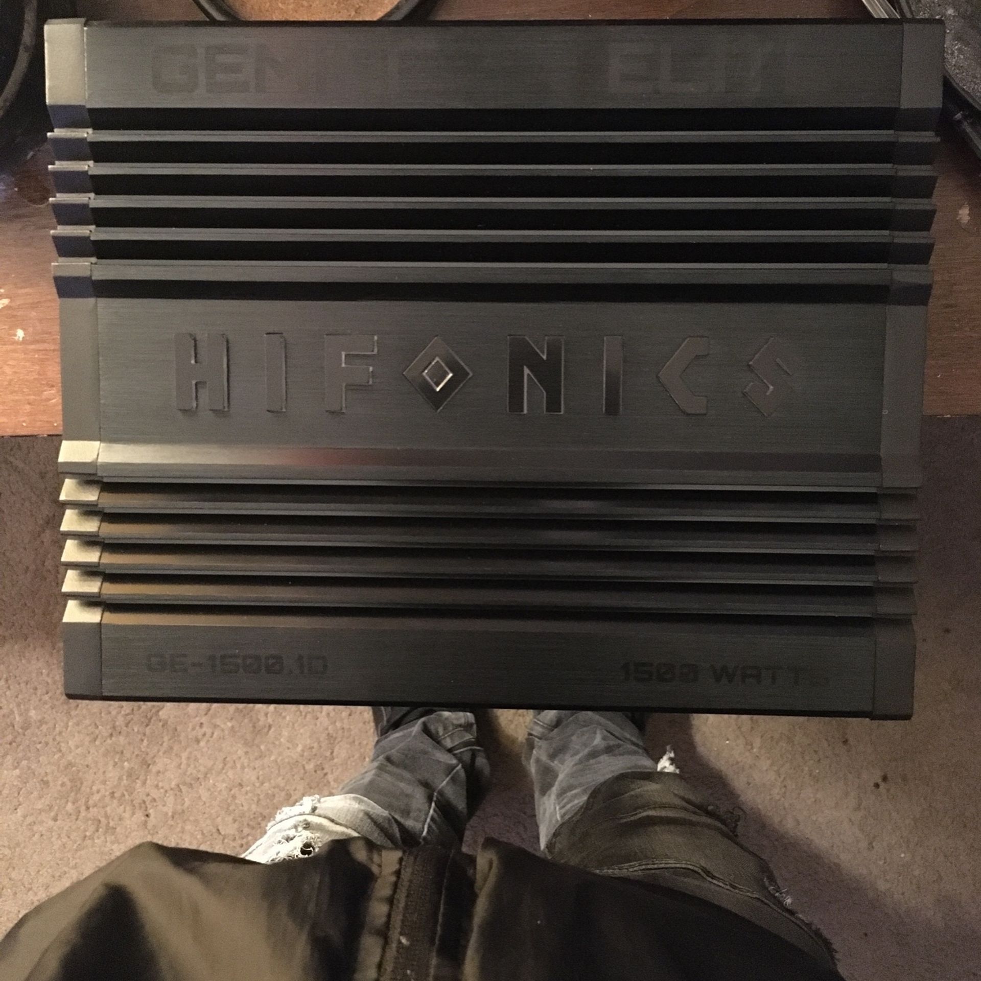 Hifonics Gemini Elite Amp , Has 1500 Watts , And All Black Letters Glows Blue When Your Using It