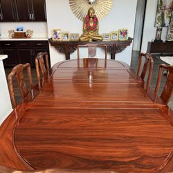 Expandable Solid Wood Asian Dining Table Set – Seats 8 – 6 Chairs