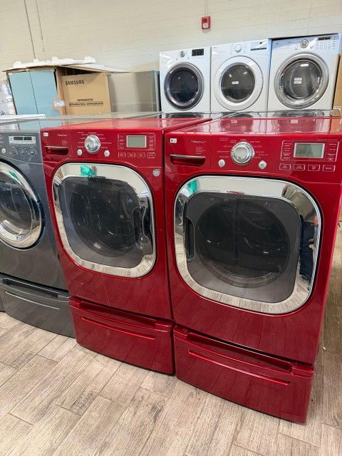 LG red front load washer and dryer set electric with warranty