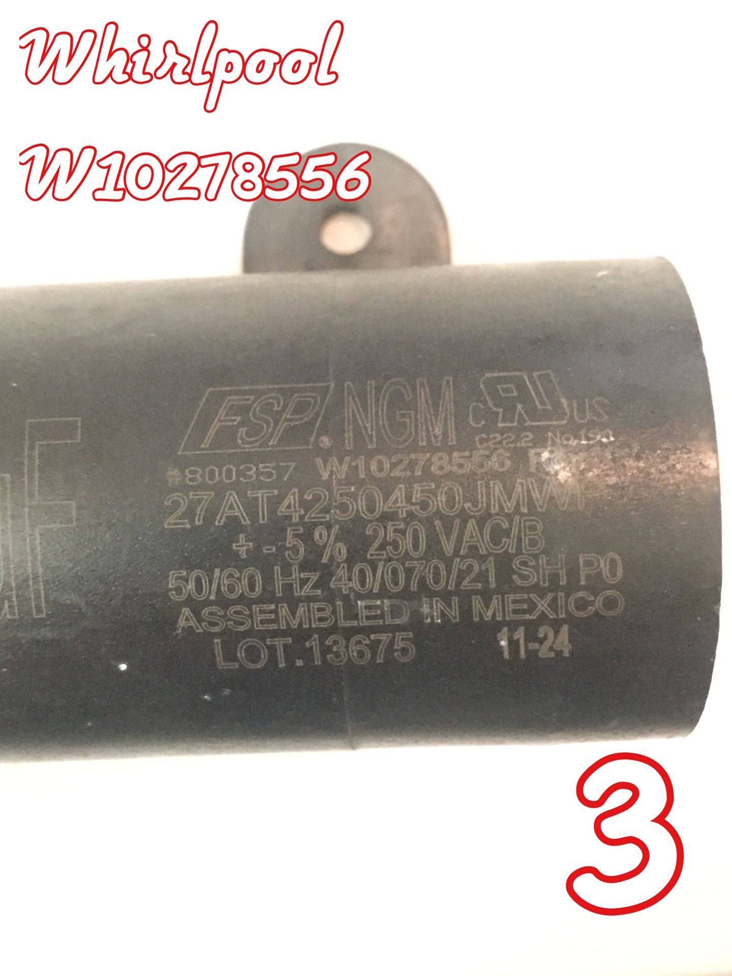 Whirlpool Washer Capacitor W10278556