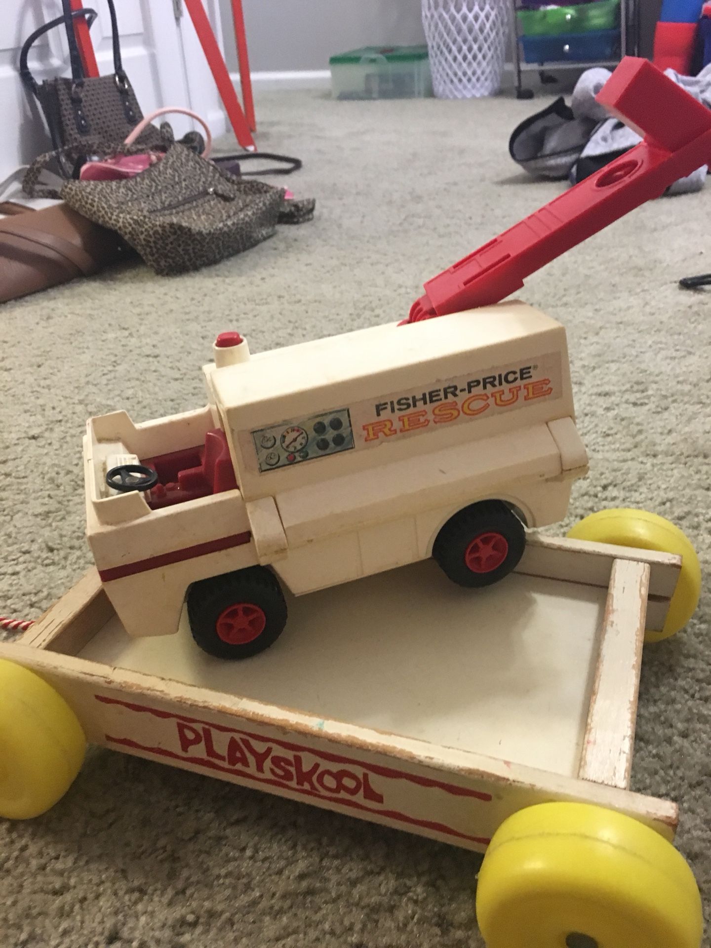 Vintage 1974 Fisher Price Fire truck & vintage Playscool wagon Lithograph Tin Toy