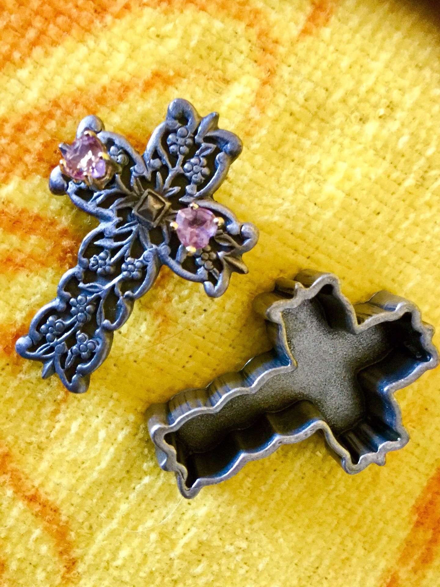 Cross broach with 1 pair amethyst gemstone earrings / Also turns in to a box holding earrings 🌿🌷🌿 3 in one together