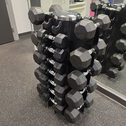 Rubber hex dumbbells 5-50lbs with VTX storage rack