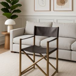 Modern Leather Director’s Chair, Bronze Metal Frame, Brown Seat & Backrest, Accent Chair