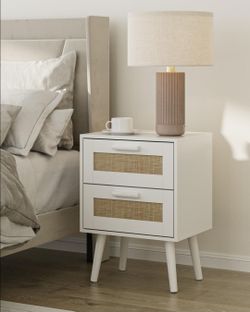 White Rattan Night Stand, Modern nightstand Boho Bedside Table with 2 Drawer, Small End Side Table for Bedroom,Living Room,Office