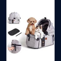 Pet Safety Carrier and Car Seat for Small Medium Dog & Cat, Portable Crate for Small Pets, Works w/Seatbelt, Basket Car seat Booster & Leash - Gray
