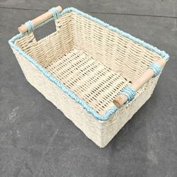 Storage Bin Basket Blue Trim Woven Container 