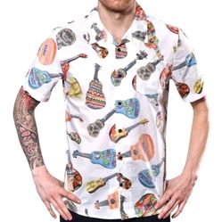 Vans Casual Friday Aloha Shirt Medium White Ukuleles Guitar Summer Tee Button Up