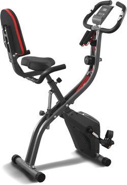 Bike Stationary Bike Folding Exercise Bike with 10 Level Adjustable Magentic Resistance Support Back Pad and Phone/Tablet Holder Arm Resistance Band P