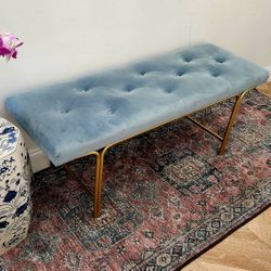 Soft blue velvet bedside bench ottoman 