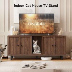 59 Inches Cat Litter Box Enclosure for 2 Cats, Walnut Modern Hidden Litter Furniture with Cat Scratch Pad, Large Indoor Pet House with Double Room, Wo