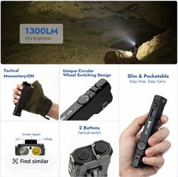 WUBEN X5 3-in-1 Flat EDC Flashlight, 1300 Lumens Rechargeable Pocket Flashlight with 365nm UV Light & Green Laser