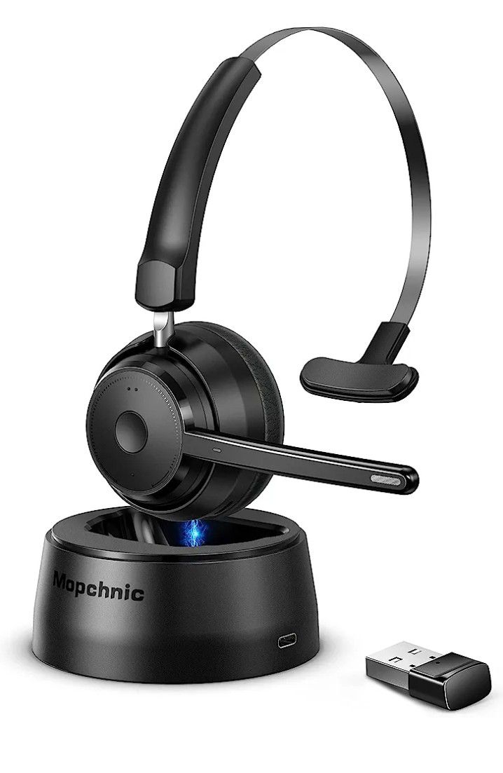 Mopchnic Wireless Headset with Upgraded Microphone AI Noise Canceling, On Ear Bluetooth Headset with USB Dongle for Office Call Center Skype Zoom Meet