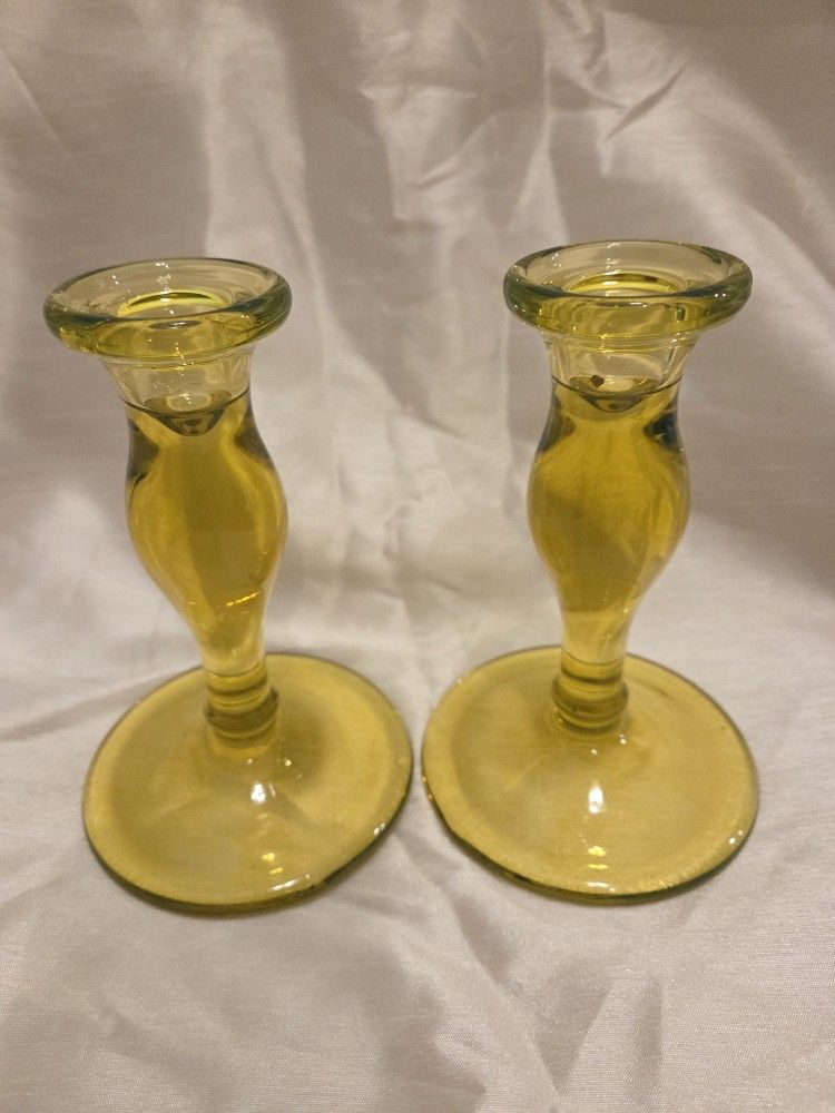 Vintage Uranium Vaseline Glass Candlestick Set, Transparent Yellow, Fits Tapered Candles