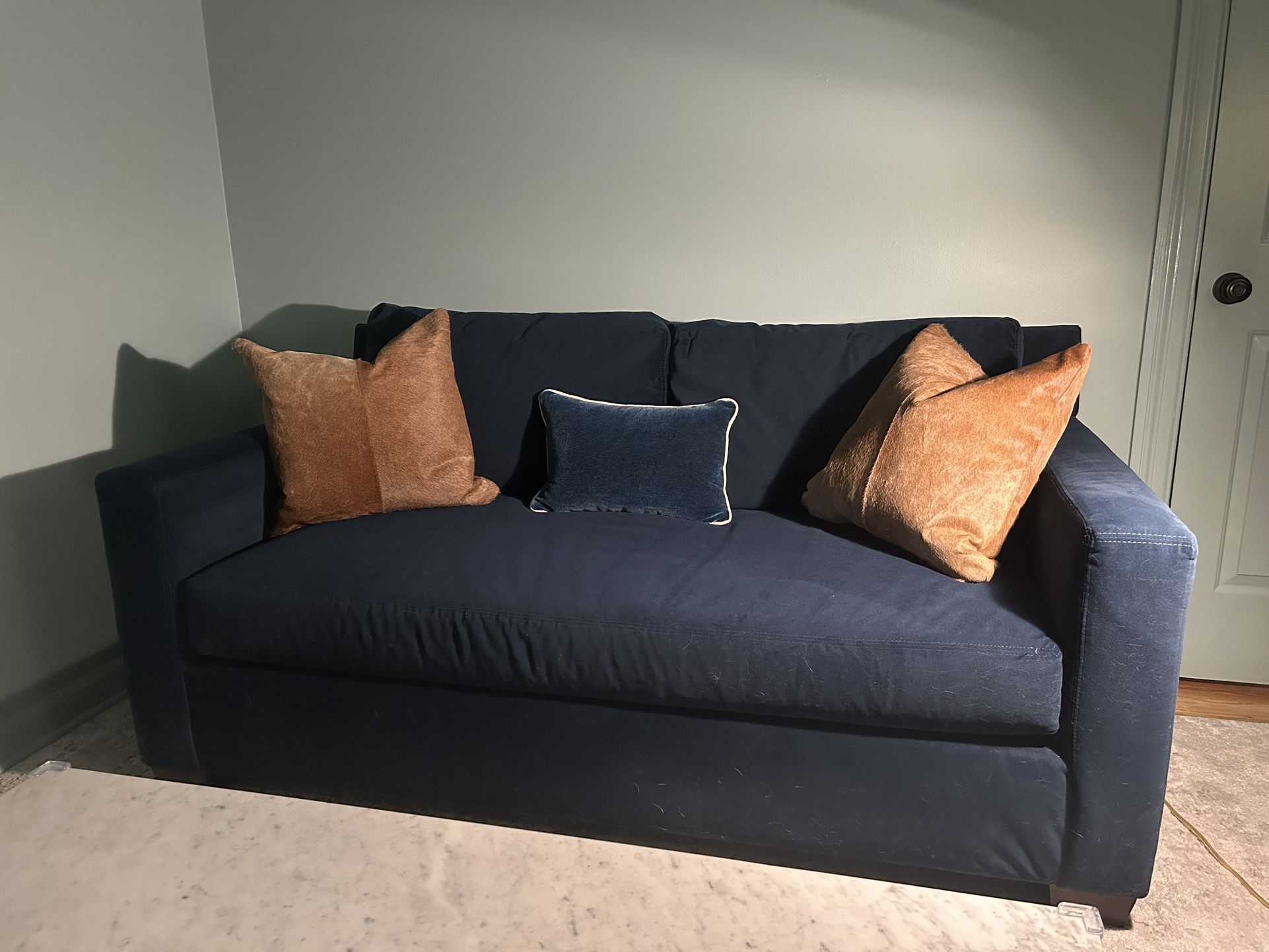 Two Pottery Barn Navy Velvet Love Seats