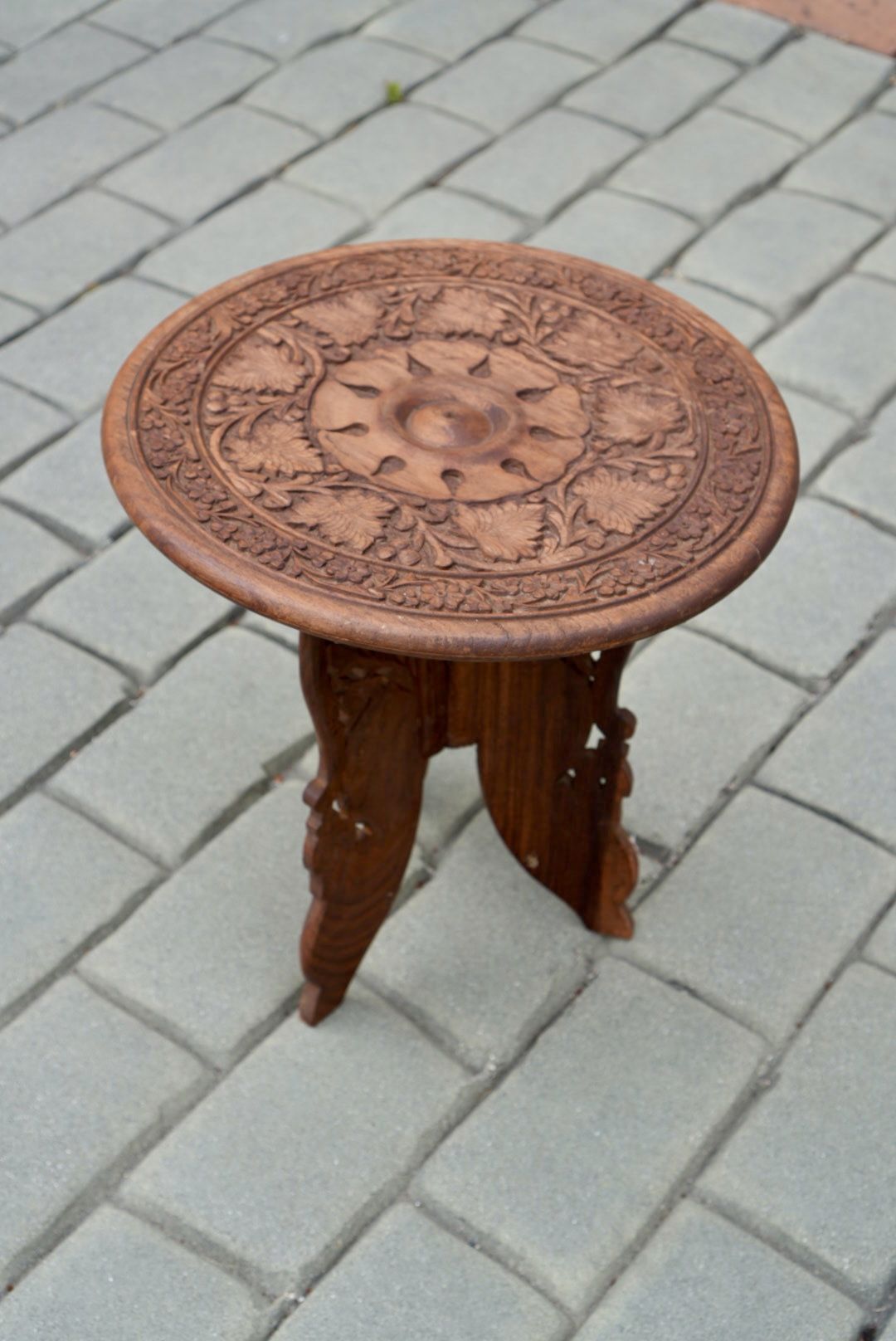 Hand Carved Folding Side Table - Indian Wooden Stool - Plant Stand