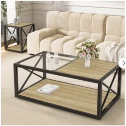 Modern Industrial Coffee Table with Tempered Glass