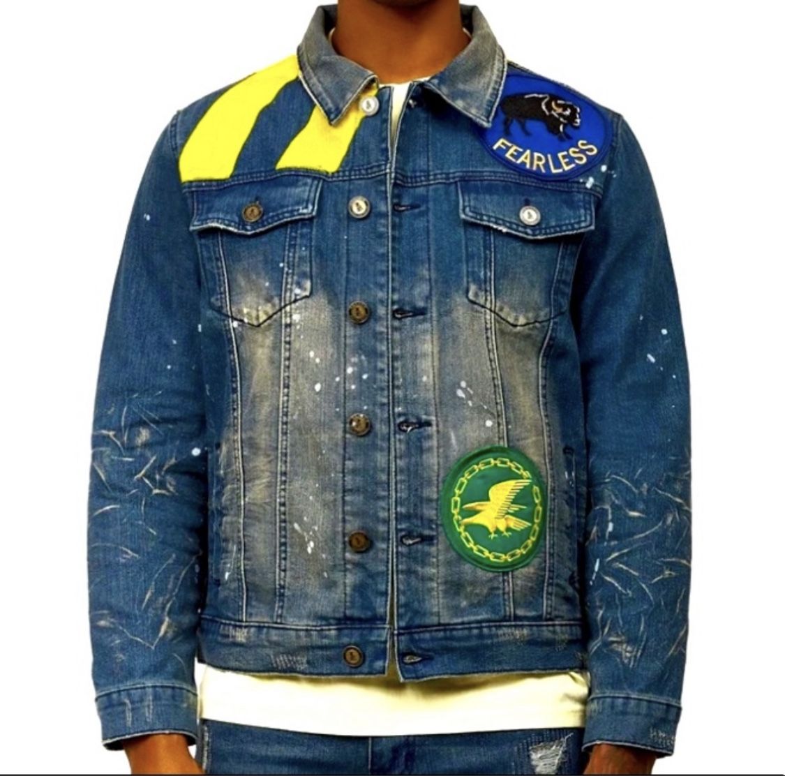 Reason Clothing Caution Denim Jacket Light Wash Yellow Stripe men’s size L, XL New