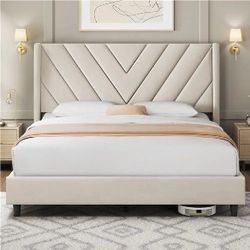 Upholstered Platform Bed, Bed Frame with Wooden Slat Support