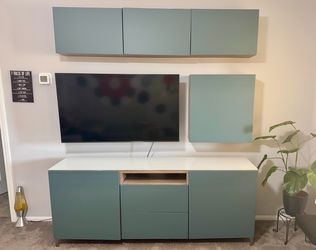 TV storage unit: credenza and 4 floating cabinets (IKEA- BESTA)