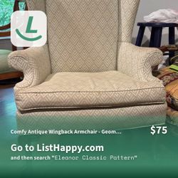 Comfy Antique Wingback Armchair - Geometric Pattern, Good Condition