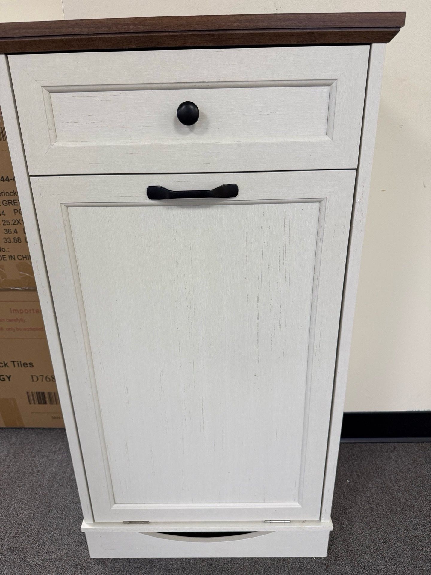 Tilt Out Trash Cabinet 13 Gallon Wooden FreeStanding Waste Bins with Hideaway Drawer,Kitchen Island with Trash Can Storage(Antique White) Brand new in