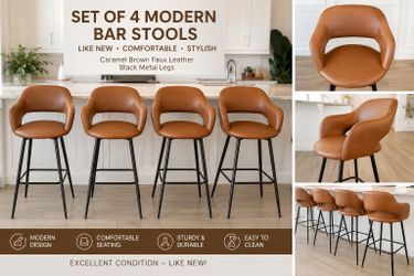 Set of 4 Modern Faux Leather Bar Stools – Like New – Caramel Brown – $250