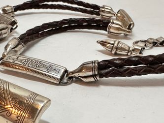 VTG Genuine Leather Brighton Southwest Woven Braided Chain Belt Brown & Silver