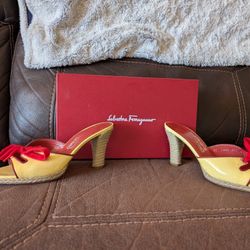 Ferragamo Size 35 Yellow Heels With Red Bow