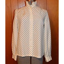 Vintage Judy Bond Cream Top Blouse Ruffled Collar Printed Long-Sleeve Size 10