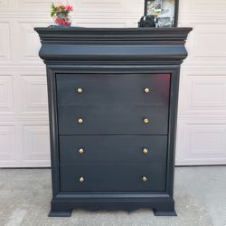 Contemporary Black with Gold Knobs Wood Tall Dresser/ Drawer - Refinished & Sealed