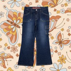 MUDD Y2K 2000’s Faded Dark Wash Utility High Rise Wide Straight Leg Crop Jeans