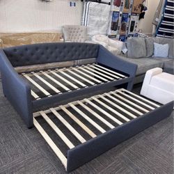 Tufted Upholstered Twin Daybed with Trundle by Hillsdale Living Essentials, Charcoal, New 