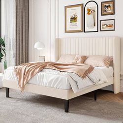 Queen Size Velvet Bed Frame, Tufted Wingback Headboard, Cream