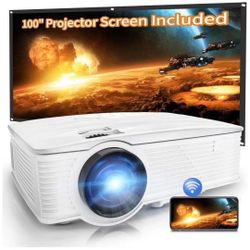 Projector, WiFi Mini Projector 1080P Supported with 100” Projector Screen, 5500 Lux 210" Display Movie Projector, Compatible with Phone, Computer, Lap
