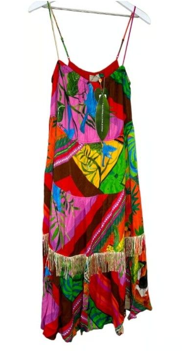 NWT Farm Rio Palila Fringe Midi Dress Size XL Tropical Smocked Sundress
