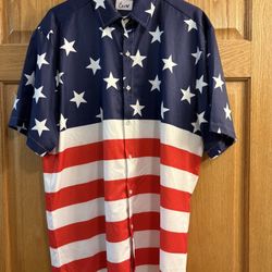 Euow American USA Flag Button Up Short Sleeve Hawaiian Shirt Men’s - Large L 