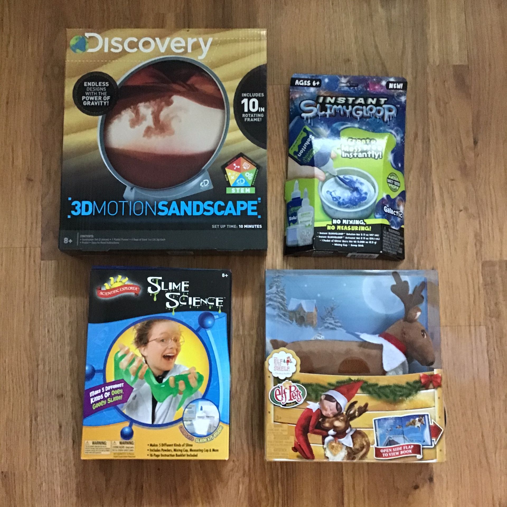 Kid’s Lot Elf Pets Reindeer+Discovery 3DMotionSandscape+2 Slime Kits-NEW!
