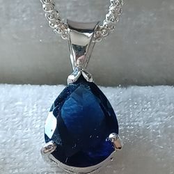 Beautiful Sterling Silver Sapphire Tear Drop Necklace 16" Sterling Silver Chain 