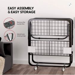 Folding Bed with Mattress - 75x31 Cot Size Bed Frame - Portable Foldable Roll Away Adult Bed for Guest - 5-inch Thick Memory Foam Cot Mattress - Space