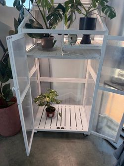 White Indoor Mini Greenhouse Cabinet on Wheels